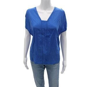 Cut 25 Womens Silk V Neck Short Sleeve Blouse Blue Designer Size 4